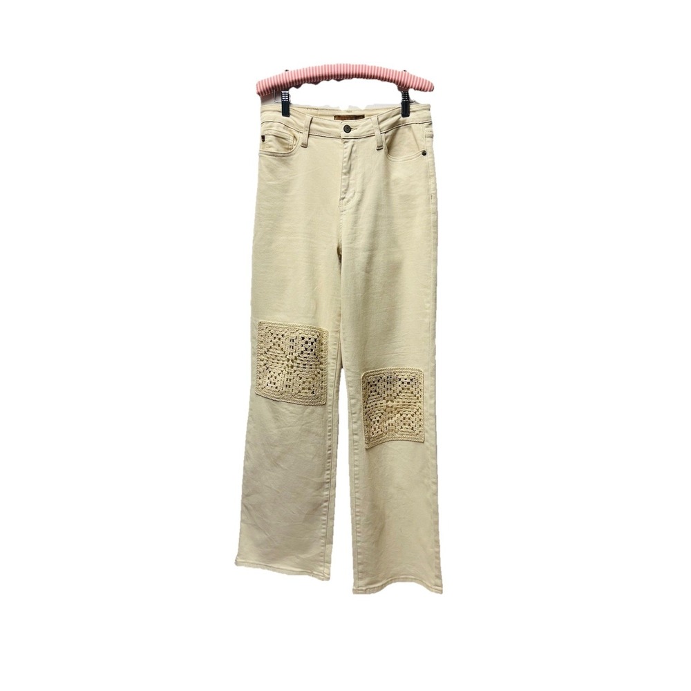 Judy Blue 9/29 Cream High Waist Jeans Wide Leg Crochet Patch Knees